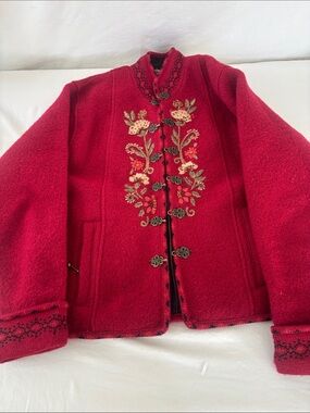 Embroidered Red Teddy Jacket with Decorative Toggles - Women. Size M 100% Wool.